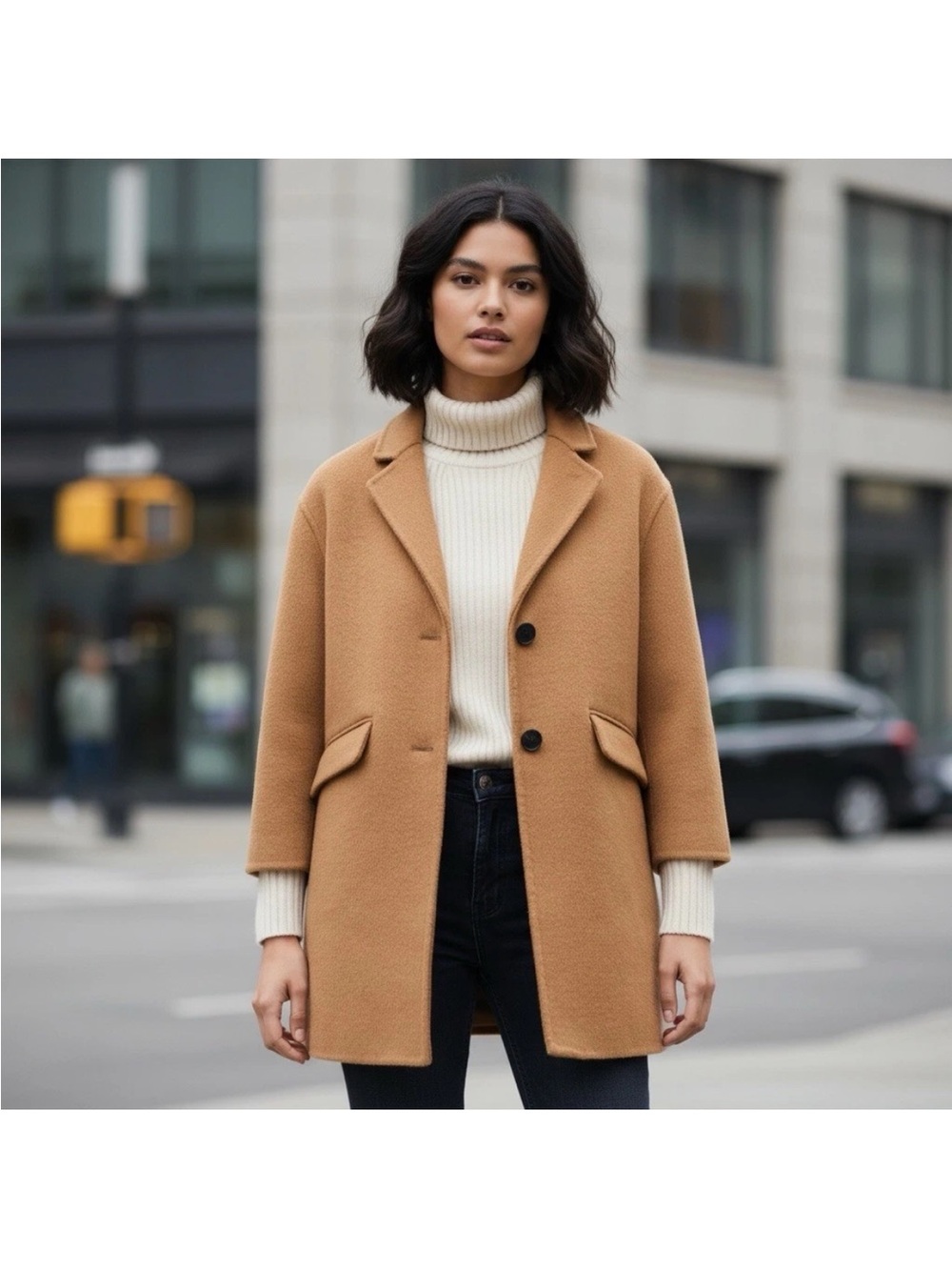 Wool-Blend Camel Zara Coat with Notch Collar